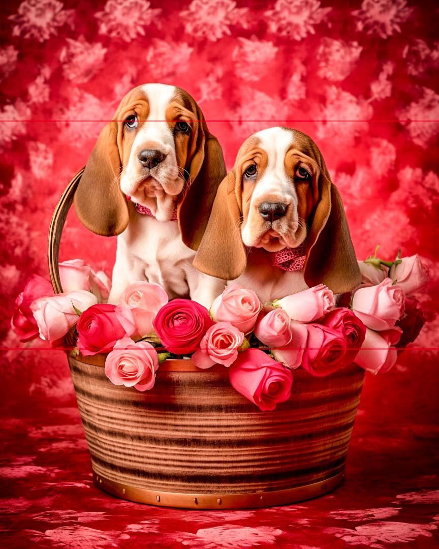 2 Basset Hound Puppies with Roses, in a valentine basket with pink and red roses, red floral wallpaper, and an intricately wovenbasket on a red rug matching the allpaper